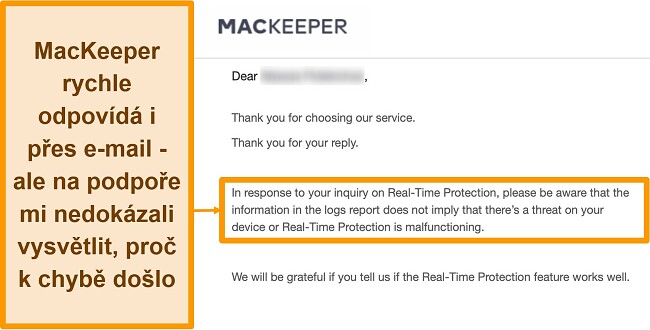Snímek obrazovky e -mailové konverzace s antivirem MacKeeper ohledně chybových zpráv, které se vyskytly v protokolu během antivirové kontroly