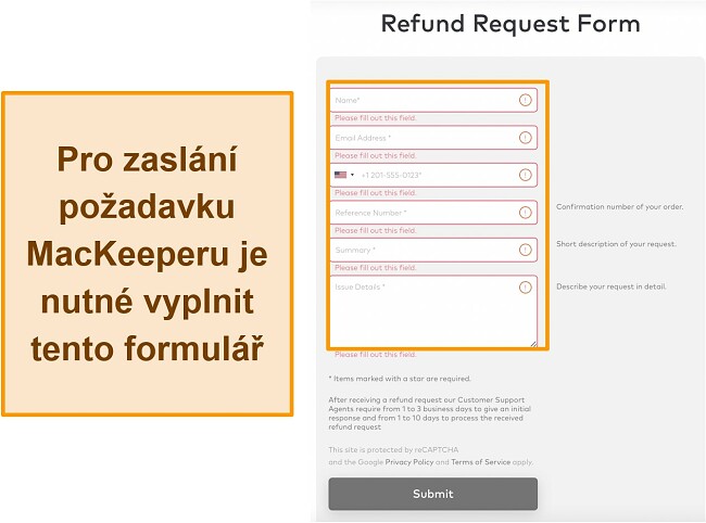 Screenshot formuláře žádosti MacKeepera o vrácení peněz při použití záruky vrácení peněz