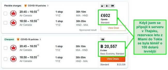 Porovnání cen trasy Miami - Tokio pomocí serverů ve Velké Británii a Thajsku
