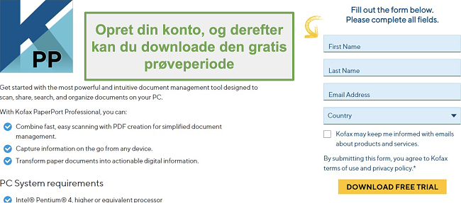 Skærmbillede af registreringsformularen for at downloade den gratis prøveperiode