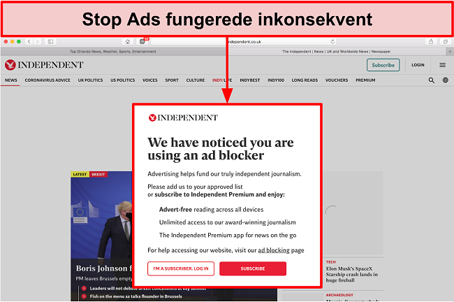Billede af websted, der registrerer, at Stop Ads var i brug