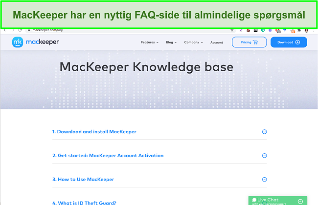 Billede af MacKeepers online vidensbase, der giver nyttige svar på almindelige spørgsmål