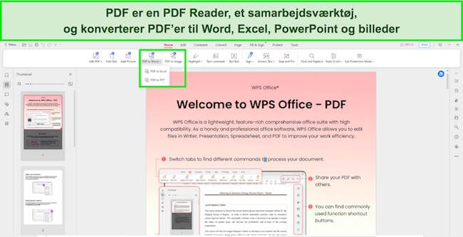 Skærmbillede af WPS Office PDF-læserværktøjer