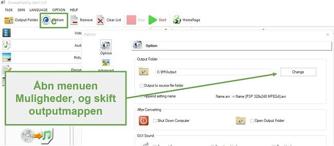 Skift outputmappe