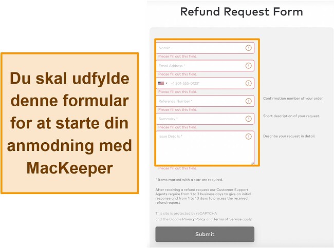 Skærmbillede af MacKeepers form for anmodning om refusion, når du bruger pengene tilbage-garantien