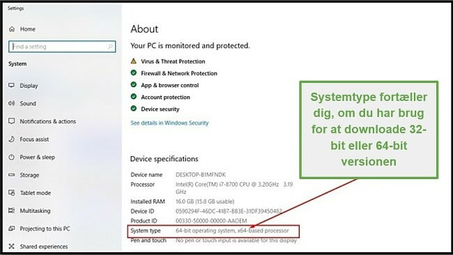 Skærmbillede af Windows Systemindstillinger, der viser enhedsspecifikation