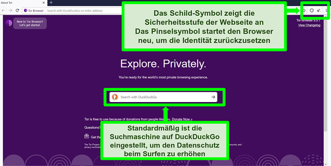 Screenshot der Tor Browser-Homepage mit hervorgehobenen Symbolen und Suchmaschinenfunktionen