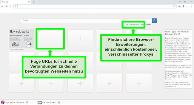 Screenshot der Epic Privacy Browser-Homepage mit hervorgehobenen Funktionen