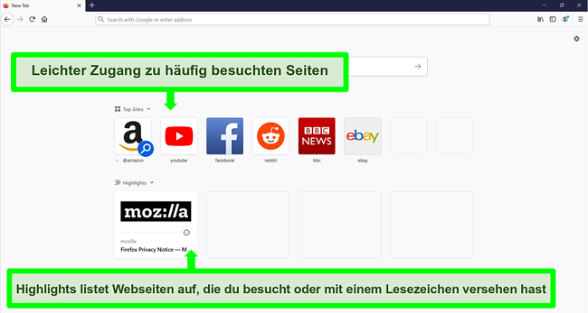 Screenshot der Homepage von Firefox mit hervorgehobenen Funktionen