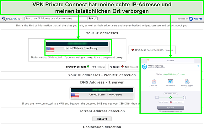 Bild des VPN von MacKeeper, in dem die IP-Adresse während eines Tests erfolgreich ausgeblendet wurde