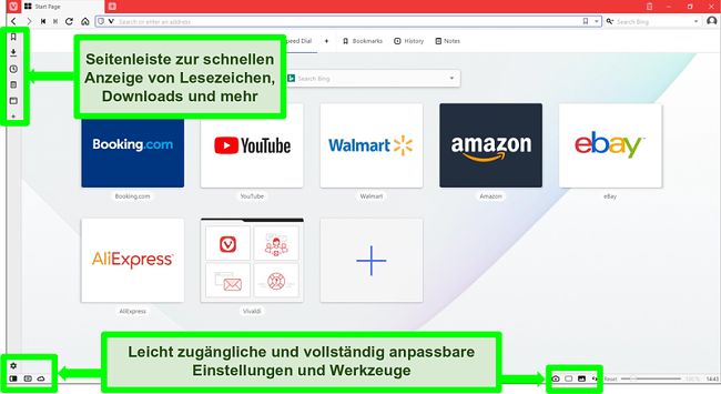 Screenshot der Vivaldi-Homepage mit einigen hervorgehobenen und kommentierten Funktionen