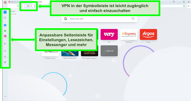 Screenshot der Opera-Homepage mit hervorgehobenem VPN und Seitenleiste