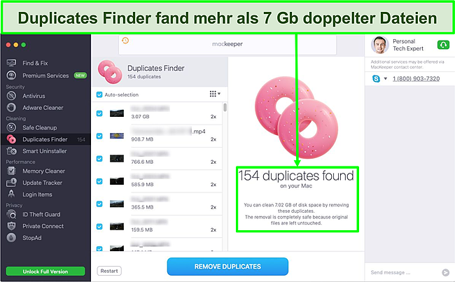 Bild des MacKeeper Duplicates Finder, der Wiederholungsdateien im Wert von 7 GB erkennt