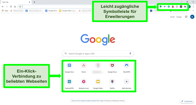 Screenshot der Google Chrome-Startseite mit einigen hervorgehobenen Funktionen