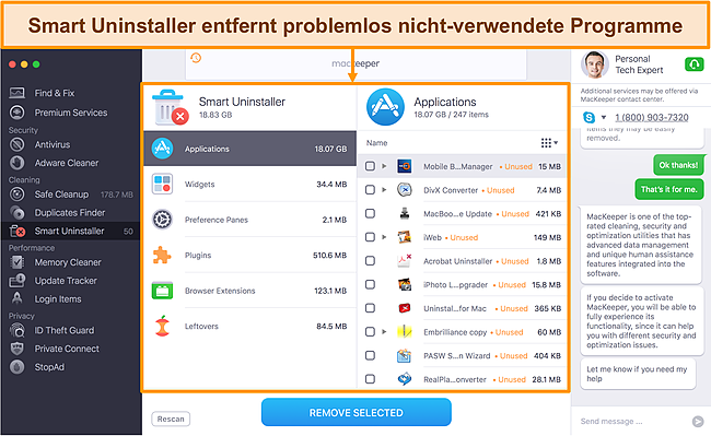 Abbildung des Smart Uninstaller von MacKeeper, in dem nicht verwendete Apps zum Entfernen identifiziert werden
