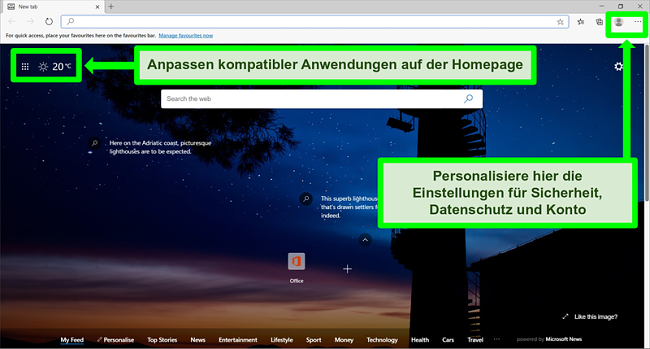 Screenshot der Microsoft Edge-Startseite mit einigen hervorgehobenen Funktionen