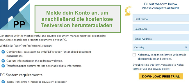 Screenshot des Registrierungsformulars zum Herunterladen der kostenlosen Testversion