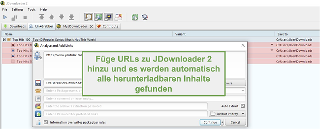 Screenshot der Funktion zum Suchen von JDownloader-Dateien über URLs