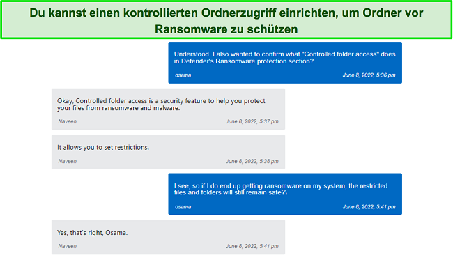 Der Live-Chat-Support von Microsoft Defender erklärt, wie der Ransomware-Schutz funktioniert