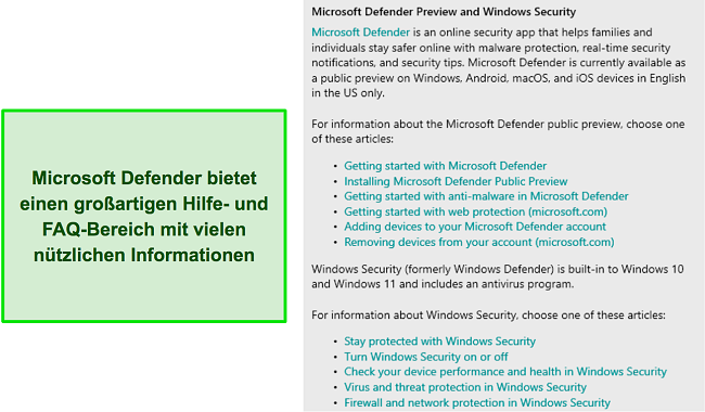 Hilfe- und FAQ-Bereich von Microsoft Defender mit vielen nützlichen Informationen
