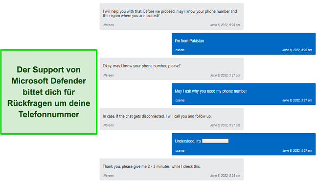 Der Support von Microsoft Defender fragt nach meiner Telefonnummer, falls er nachfassen möchte
