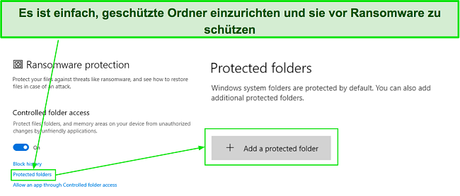 Einrichten von geschützten Ordnern im Ransomware-Schutzmenü von Microsoft Defender