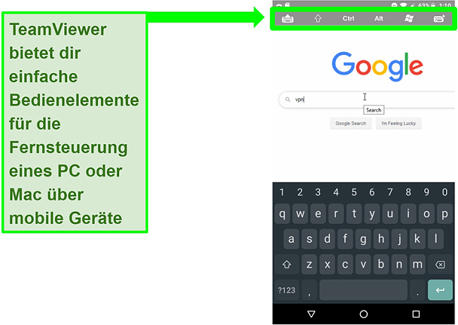 Screenshot der mobilen Geräte von TeamViewer steuert das Remote-Surfen im Internet auf einem PC