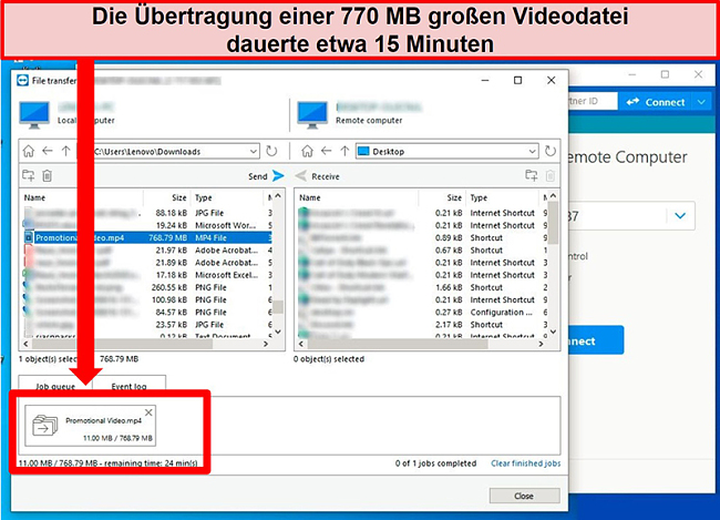 Screenshot der Dateiübertragungsfenster von TeamViewer, während eine Videodatei von einem PC auf einen anderen gesendet wird