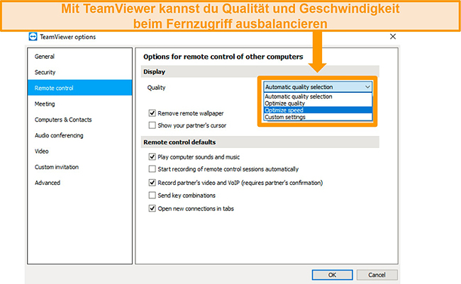 Screenshot der Fernzugriffsoptionen von TeamViewer und "Geschwindigkeit optimieren" im Dropdown-Menü zur Qualitätsauswahl