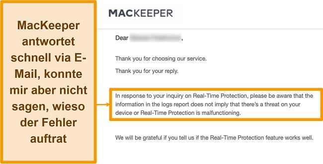 Screenshot einer E-Mail-Konversation mit MacKeeper Antivirus bezüglich Fehlermeldungen, die während des Virenscans im Protokoll aufgetreten sind