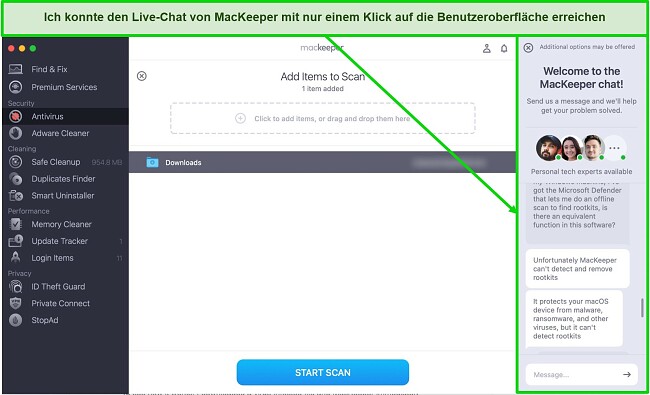 Screenshot des Live-Chat-Fensters von MacKeeper auf der Benutzeroberfläche