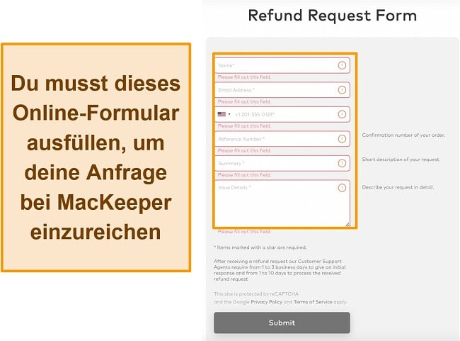 Screenshot des Rückerstattungsantragsformulars von MacKeeper bei Verwendung der Geld-zurück-Garantie