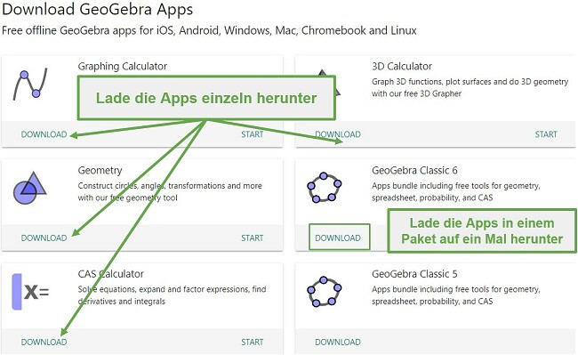 Sie können die Apps von GeoGebra einzeln oder alle zusammen in den Classic-Paketen herunterladen