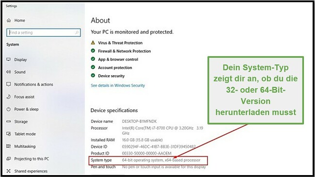 Screenshot der Windows-Systemeinstellungen mit Gerätespezifikation