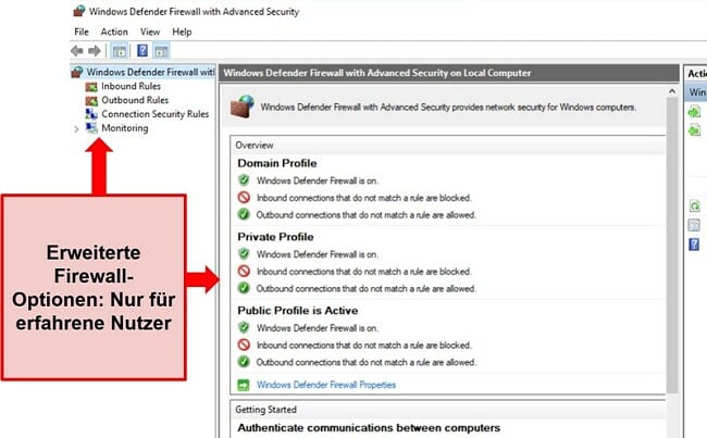 Screenshot der Sicherheitseinstellungen der Windows Defender-Firewall