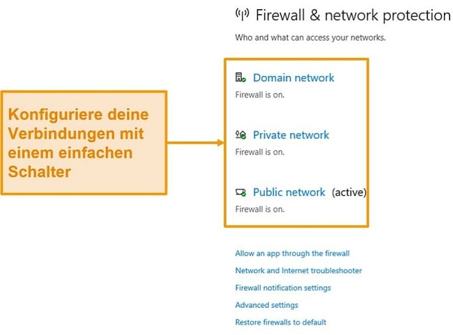 Screenshot der Microsoft Defender-Firewall-Einstellungen
