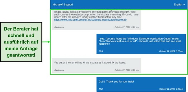 Screenshot des Live-Chats mit einem Windows Advisor