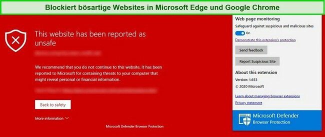 Screenshot von Microsoft Defender, der eine schädliche Website blockiert