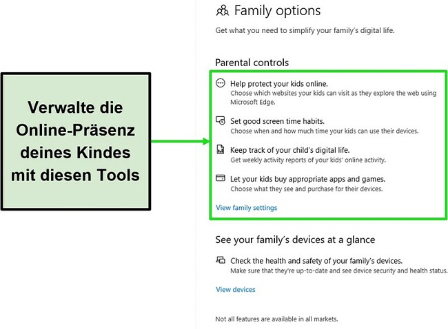 Screenshot der Kindersicherungstools von Microsoft Defender