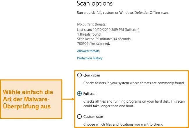 Screenshot der Scanoptionen von Microsoft Defender