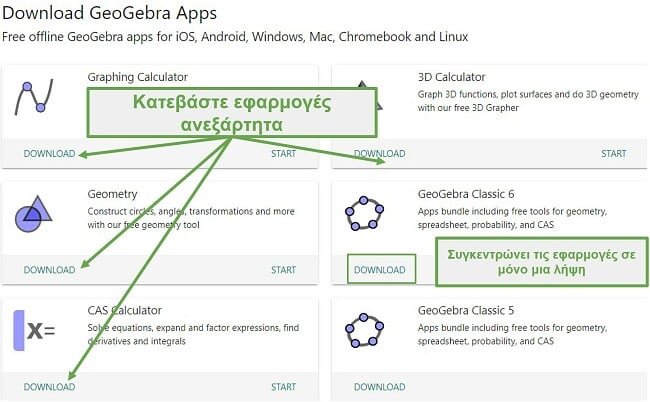 Μπορείτε να κατεβάσετε τις εφαρμογές του GeoGebra μεμονωμένα ή μαζί σε κλασικά πακέτα
