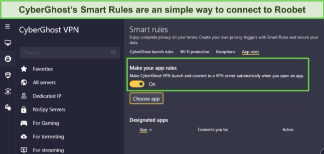 image of CyberGhost's Windows app highlighting the Smart Rules feature.