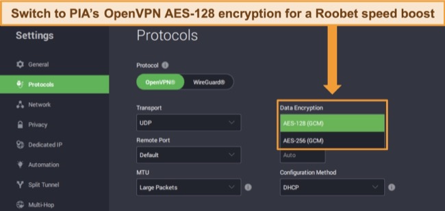 image of PIA's Windows app, highlighting the customizable encryption levels that can boost connection speeds.