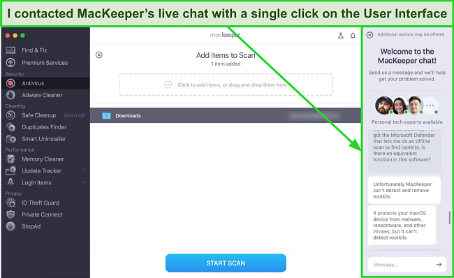 Screenshot of MacKeeper's live chat window on the User Interface