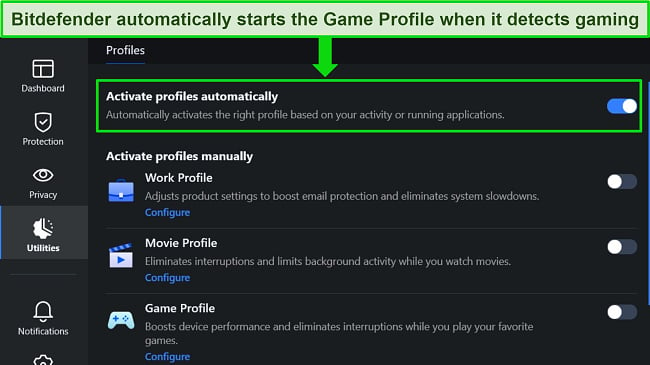 Bitdefender game profile screenshot