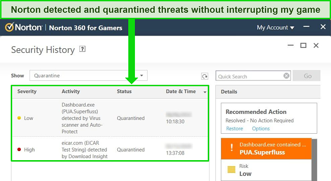 Norton security history screenshot