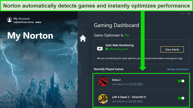 Screenshot of Norton 360's Gaming Dashboard, highlighting the games that were automatically detected and optimized by the service.