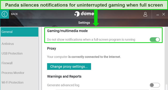 Panda gaming mode silences notification screenshot
