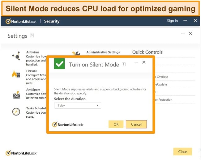 Screenshot of Norton's Silent Mode being turned on