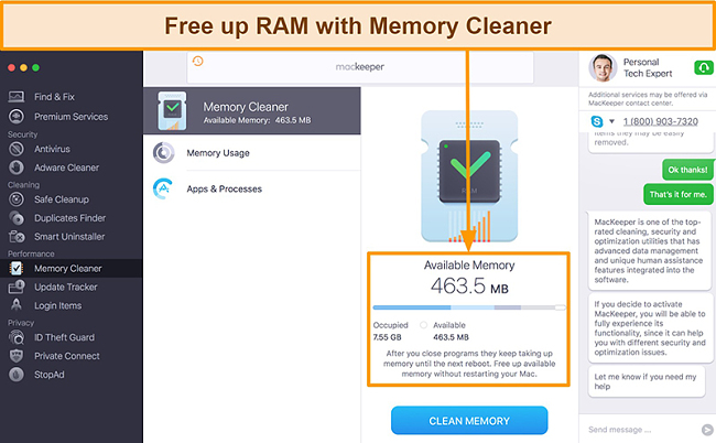 Image of MacKeeper's Memory Cleaner interface identifying RAM usage